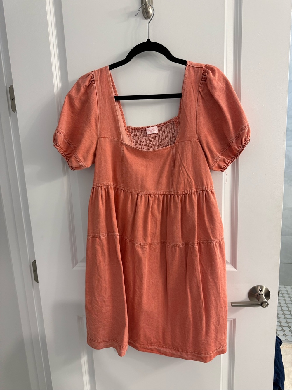 Pink Lily Coral Square-Neck Puff Sleeve Babydoll Dress